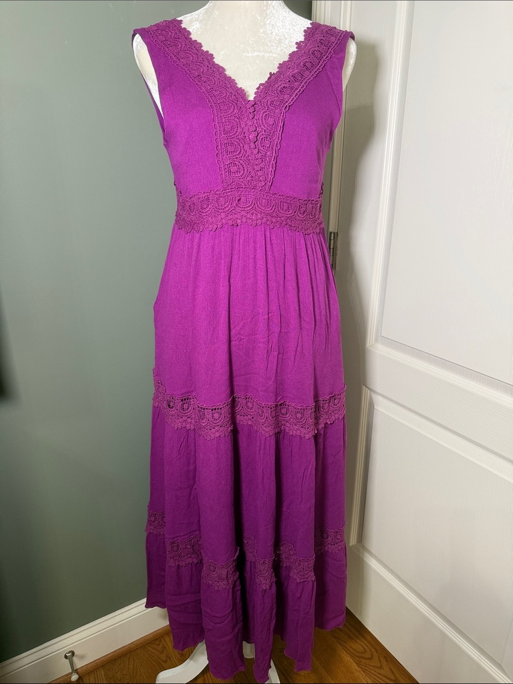 Davi & Dani Purple Crochet Lace Tiered Maxi Dress Medium Boho Festival